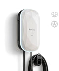 Level 2 Home EV Charger With 48 Amp Hardwired Design hanging on a wall, with a sleek design and charging cable neatly stored.