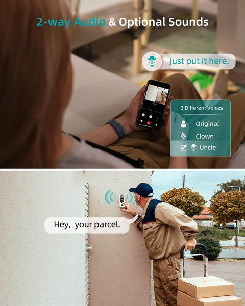 Person using a phone to interact with Wireless Doorbell Camera With 2K Video No Subscription Built In Chime Plug And Play 2 Way Audio