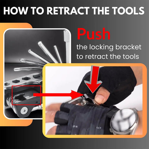 Bike Multi Tool 20 In 1 Portable Repair Kit showing retracting tool mechanism with gloved hands
