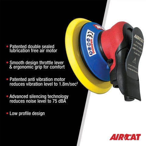 Image of Six Inch Lubrication Free Palm Sander With Eleven Thousand RPM Three Thirty Second Inch Orbit Low Vibration Antivibration Motor Pro Grade Tuned Exhaust Silencer For Quiet Finishing Air Powered Pneumatic Tool For Smooth Precise Finishes featuring anti-vibration design and ergonomic grip.