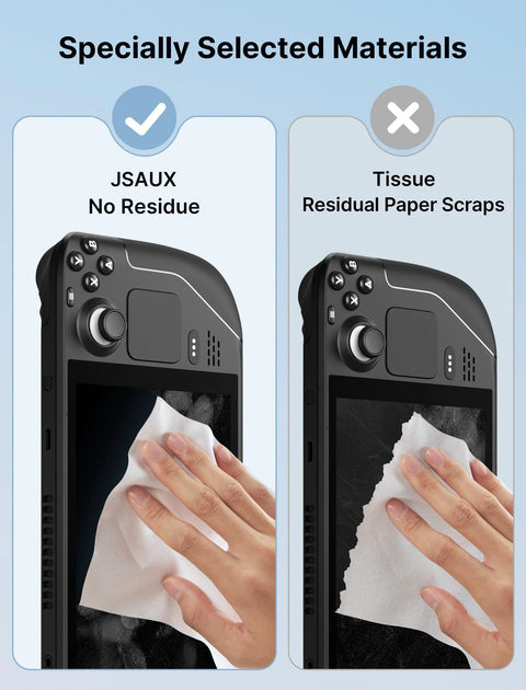 JSAUX microfiber cleaning cloth (6x6 in), 50-pack; two-panel graphic comparing no-residue cloth vs tissue scraps.