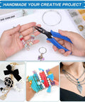 Close-up of split ring opener tool for jewelry making, keychain pliers set in use, showing easy double jump ring opening.
