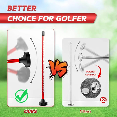 Comparison of our red Golf Alignment Rods Swing Training Aid With Magnetic Base and a standard alignment stick.