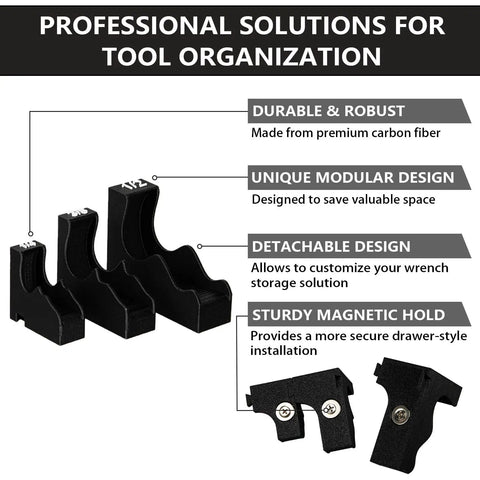Magnetic Ratchet Organizer Set for One Quarter Inch Three Eighth Inch And One Half Inch Ratchets With Interlocking Design