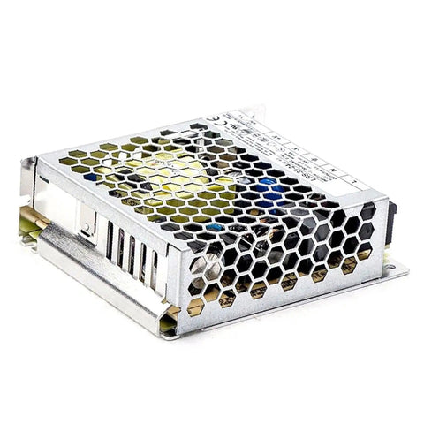 Beefy 35 Watt 24 Volt Switching Power Supply With Hella Efficient Universal 85 To 264 Vac Input Super Sleek Metal Cover angle view