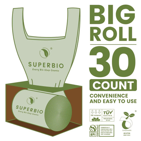 Box and roll of 13 Gallon Compostable Kitchen Trash Bags With Handles, 49.2L, 30 Count, showing BPI and OK Compost certification labels.