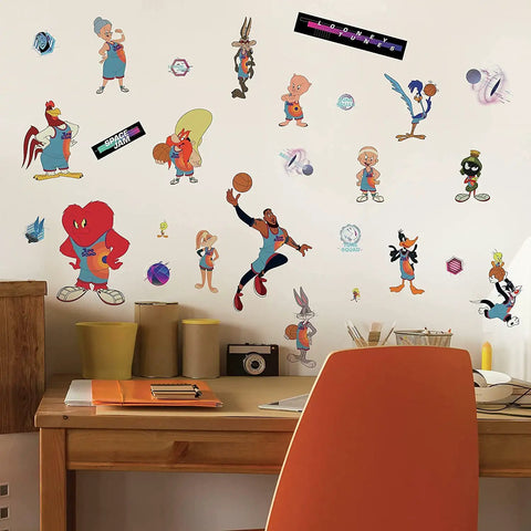 Space Jam LeBron Peel And Stick Giant Wall Decals Set, 21 Dope Reusable Stickers on white wall above wooden desk in room