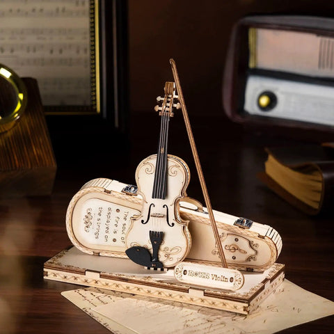 One Fifth Scale Violin 3D Wood Puzzle Kit With Bow And Stand Capriccio Model For Desk Decor Dope Collectible Gift For Men Women Adults Hobbyists Realistic Details Durable Wood Craft, assembled