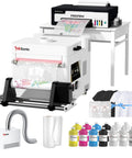 Next Level A3 DTF Printer With XP600 Printhead And Powder Shaker Bundle showing printer, powder shaker, inks, and t-shirts.
