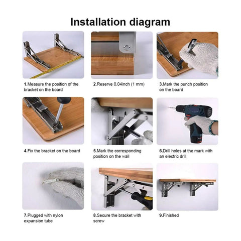 Installation diagram for Heavy Duty Stainless Steel Triangle Bracket Set 2 Pack with 136kg Load Capacity, showing step-by-step process