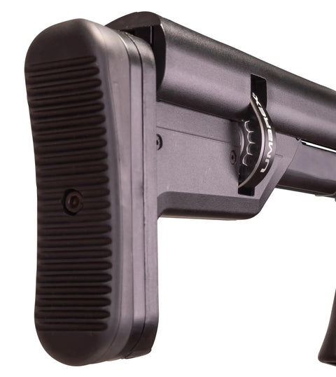 Close-up of stock and side lever of Zelos 22 Caliber PCP Pellet Gun Air Rifle With 20 Round Rotary Magazine