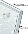 Corner detail of Clear Pegboard Wall Organizer With 12 Buckets 24W By 24H Panel, showing thickness and injection-molded styrene material.