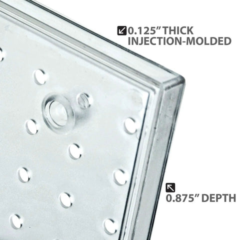 Corner detail of Clear Pegboard Wall Organizer With 12 Buckets 24W By 24H Panel, showing thickness and injection-molded styrene material.