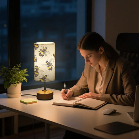 Bee Watercolor White Decor Bedside Table Lamp With 3 Way Dimmable Touch Control And Built In Charging Station on office desk