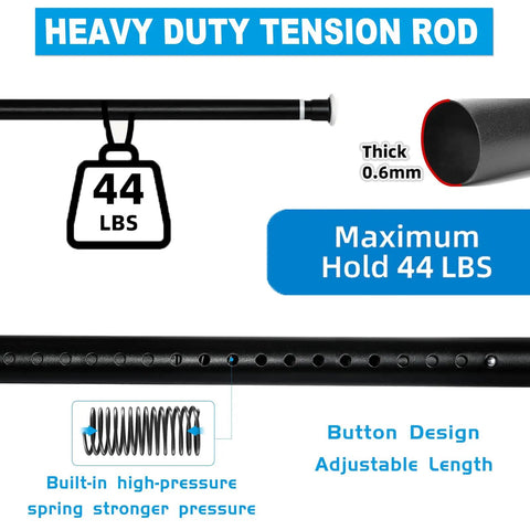 Heavy Duty Tension Curtain Rod 43 To 162 Inches No Drilling Adjustable 1.26 Inch Diameter holds 44 lbs with spring design.