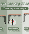 Tailgate Ready Portable Outdoor Adjustable Height Camping Table For 2 to 6 People shown at three heights