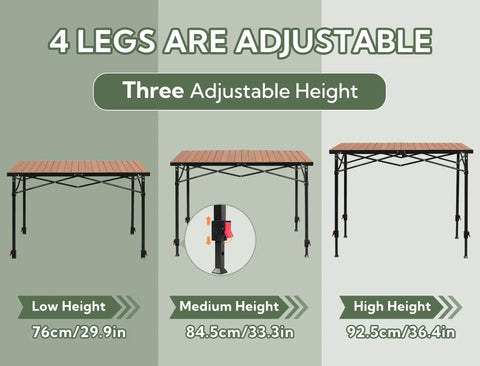 Tailgate Ready Portable Outdoor Adjustable Height Camping Table For 2 to 6 People shown at three heights