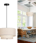 Killer 18 Inch Double Drum Pendant Light Featuring Dual Beige Linen Shades For Major Home Glow Up And Pro Level Ceiling Vibe In Your Dining Room Or Living Space, hanging in a bright dining area.