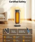 1500W PTC Ceramic Space Heater with Remote, LED Touch Display, UL Certified, shown in living room highlighting safety features