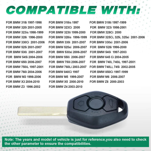 315 433MHz Adjustable ID44 Chip EWS System Remote Key Fob With 3 Buttons For BMW shown with compatibility list