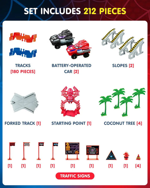 Spider Themed Race Track Set For Kids Ages 3 To 8 With Two Spider Cars And 212 Flexible Track Pieces, STEM Building Toy Gift