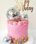Pink cake with 11 Piece Disco Ball Cake Decorations Set With Mirror Ball Toppers For Cakes And Party Tables Includes 4 Sizes 8cm 6cm 4cm 2cm