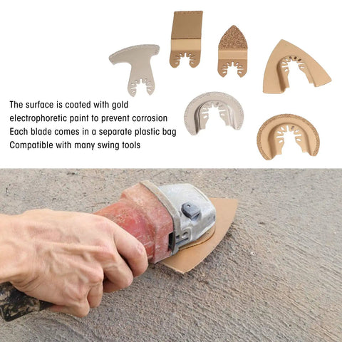 Six Piece Oscillating Saw Blade Set With Carbide Grit For Grout Removal And Tile Cutting, shown with hand using blade on concrete