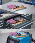 Nishiyuenyi 71 Pc Industrial Tig Consumables Kit With Torch Nozzles Cups Collets Sealing Rings arranged on a workshop table.