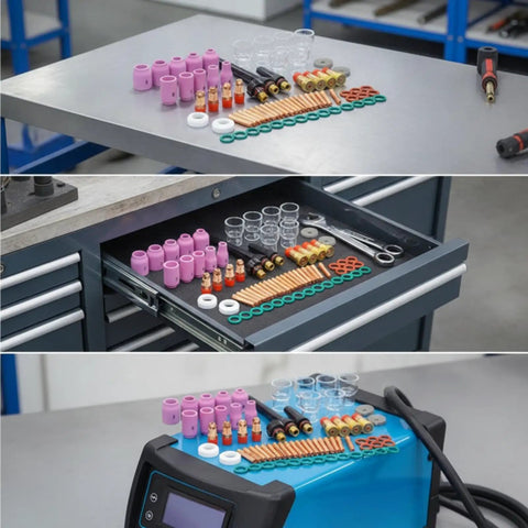 Nishiyuenyi 71 Pc Industrial Tig Consumables Kit With Torch Nozzles Cups Collets Sealing Rings arranged on a workshop table.