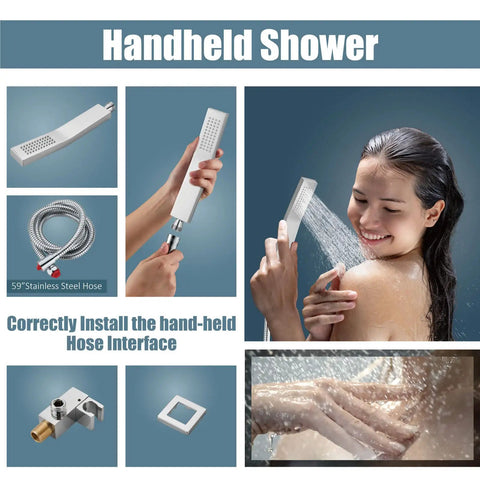 Polished Chrome 12 Inch Ceiling Mount Shower System With Rain Shower Head And Handheld Spray Luxury Shower Combo With Pressure Balance Valve Shower Trim Included featuring handheld spray and hose installation details.