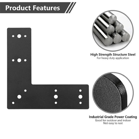 L Shaped Carbon Steel Right Angle Bracket With Black Powder Coat, 3mm Thick Mending Plate For Wood And Metal Framing, detail view
