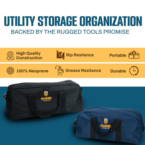 Two Tote Style Tool Bags Set For Pros And DIYers with storage features and rugged design in black and blue colors.