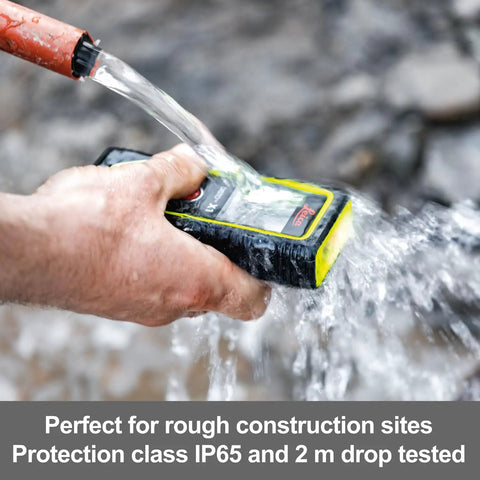 Disto X1 Laser Distance Meter With 330 Ft Range, Bluetooth 4.2 And NFC Data Transfer To Disto Plan App, Add And Subtract Measurements For Pros, 4 Line Display, IP65 Dust And Waterjet Protection, 6 Ft Drop Tested, Includes Hand Loop And Pouch. in hand under running water