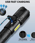 Rechargeable LED Flashlights 99,000 Lumen Super Bright Handheld Lights showing USB fast charging port and power display meter