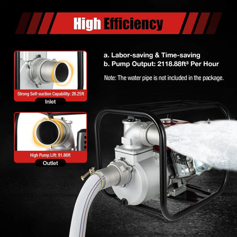 Heavy Duty 3 Inch Semi Trash Pump 7.5 HP Gas Engine 264 GPM Max Flow Super High Power For Dirty Water Agricultural Irrigation Wastewater Transfer Tough Industrial Cleanup Jobs Big Performance