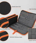 Vertical Tool Organizer Bag For Workbench Red Oxford Cloth Caddy With Open Top Slots for screwdrivers and bits, interior view.