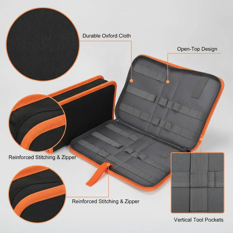 Vertical Tool Organizer Bag For Workbench Red Oxford Cloth Caddy With Open Top Slots for screwdrivers and bits, interior view.