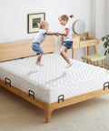Heavy Duty 6 Piece Metal Mattress Grippers Extra Wide Anti Slip Bed Holders on bed with children jumping, showcasing stability.