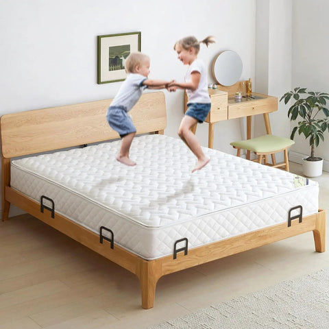 Heavy Duty 6 Piece Metal Mattress Grippers Extra Wide Anti Slip Bed Holders on bed with children jumping, showcasing stability.