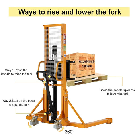 Industrial Grade 1100 Lb Hand Pallet Stacker With Adjustable Straddle Legs And A Sixty Three Inch Max Lift Height Built On A Tough Welded Steel Frame Equipped With A Wire Safety Guard For Zero Sweat Warehouse Jobs That Really Are A Badass Workhorse
