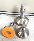 Built Tough Heavy Duty Adjustable Leveling Feet 4 Pack M12 Thread Support Leg Stainless Steel chassis mount with orange rubber cups.