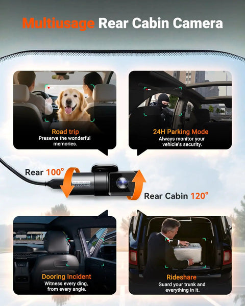 4 Channel 360 Degree Dash Cam For Full Coverage With Front 2.7K STARVIS Night Vision Cabin 1440P Rear 1080P 24 7 Buffered Parking Mode WiFi Voice Control Dual GPS And Up To 1TB Max Storage displayed in car with cabin and rear views