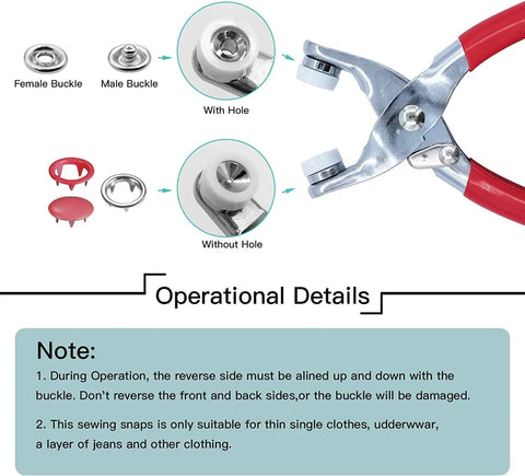 Top Shelf 3/8 Inch Metal Snap Button Pack With 200 Heavy Duty Fasteners And Snapping Pliers For DIY Sewing, showing fastening tool and components.