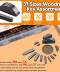 Front view of metric woodruff key assortment kit in plastic case; includes 240 half-moon and 290 round-ended steel keys.