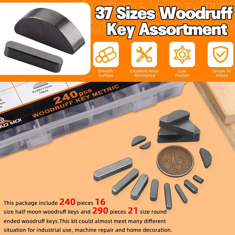 Front view of metric woodruff key assortment kit in plastic case; includes 240 half-moon and 290 round-ended steel keys.