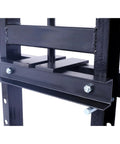 Close-up of 6 Ton H Frame Hydraulic Shop Press For Car Repair And Garage Use Floor Mounted Heavy Duty Black frame detail