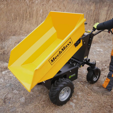 Electric Mini Dumper 1100Lbs Capacity Wheel Barrow With 48V Brushless Motor on uneven ground, ready for hauling materials.