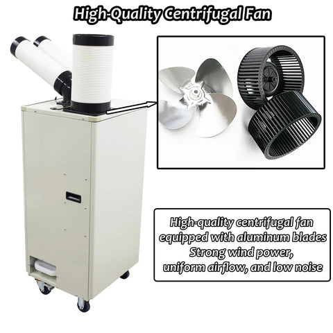 Heavy Duty Mobile Air Conditioner Brings The Cool With A Major 15400 BTU Punch For Rapid Spot Cooling featuring centrifugal fan and smooth glide wheels.