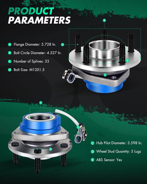 Diagram showing specifications for 2pcs Front Wheel Hub Bearing 513121 Pack for Buick, Cadillac, Chevrolet, Pontiac, 5-Lug ABS.