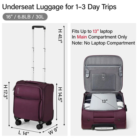 Underseat Carry On Luggage 16 Inch With Spinner Wheels Airline Approved Lightweight Softside Roller Bag open and closed views